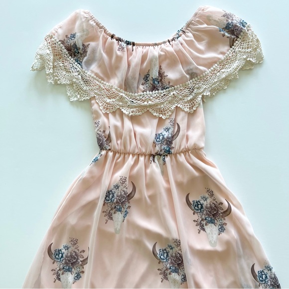 Charlotte Russe Pink Floral Longhorn Skull Midi Dress, Small - Picture 2 of 10
